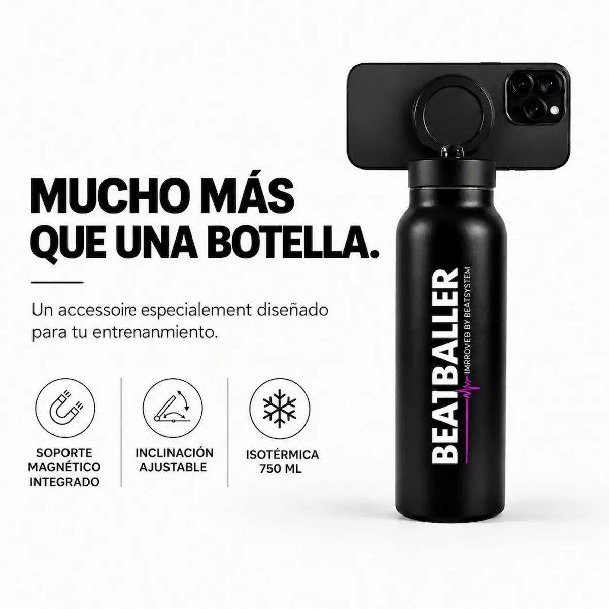 Botella térmica Beatballer® negra de 750 ml con soporte magnético integrado e inclinación ajustable para smartphone.