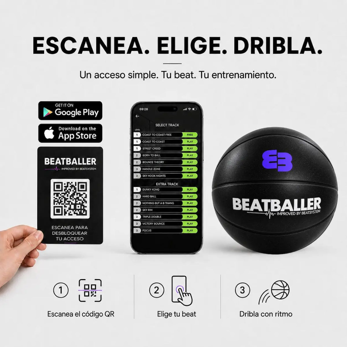 Funcionamiento de la app Beatballer® en 3 pasos: escanea el código QR, elige un beat en la aplicación y dribla al ritmo con el Silent Beatball® 2.0.