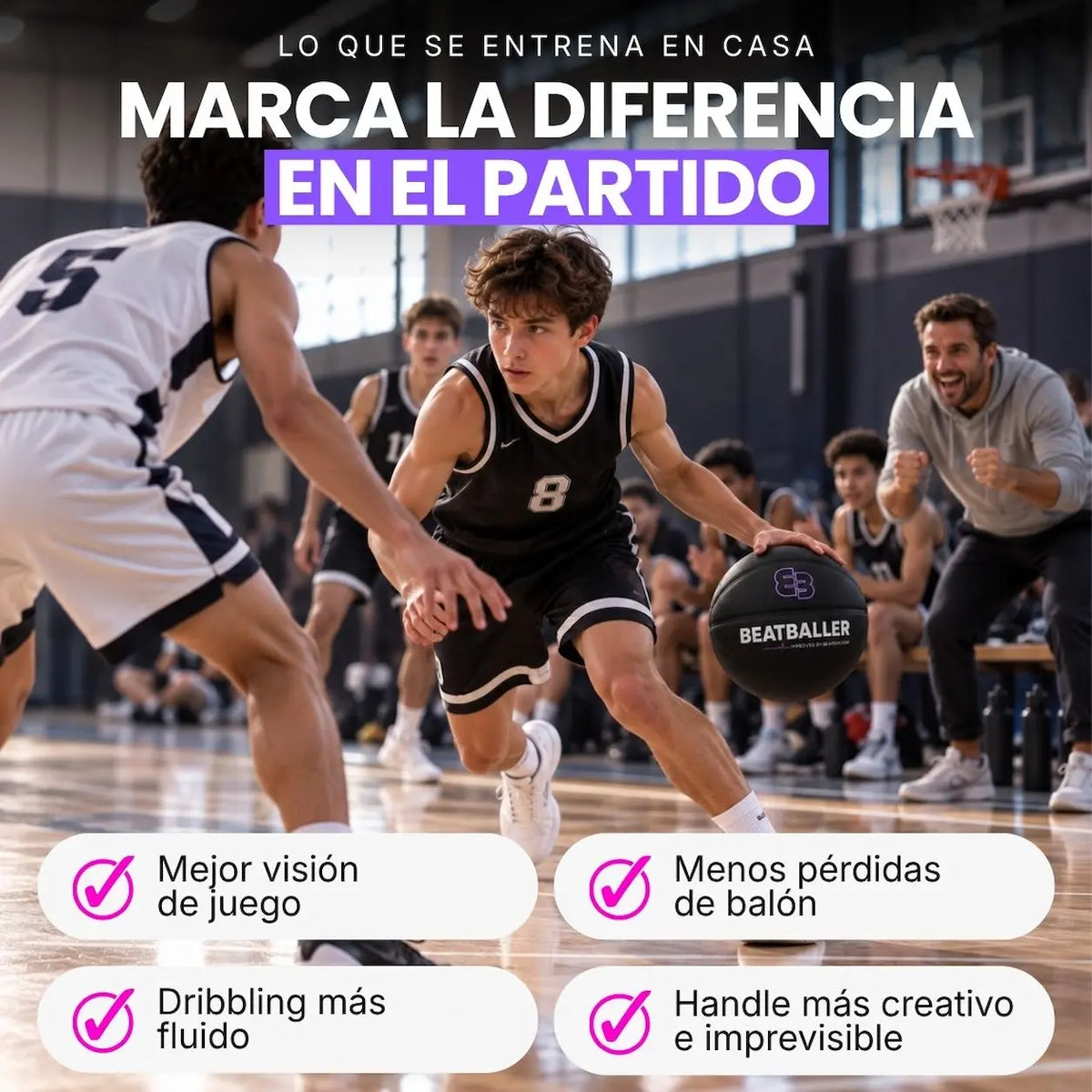 Joven jugador de baloncesto en situación de partido poniendo en práctica las habilidades entrenadas con Beatballer®: visión de juego, control del balón y dribbling.