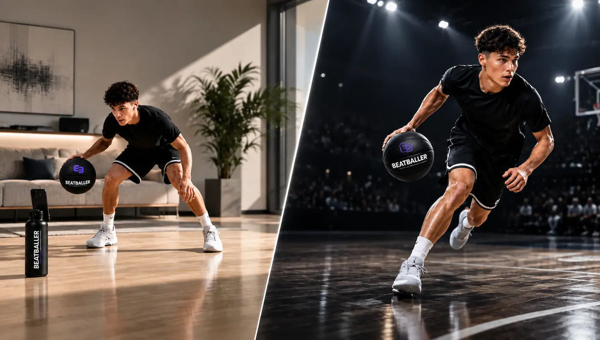 asketteur s’entraînant au dribble à la maison avec le Silent Beatball® 2.0, puis en action sur un terrain de basketball en match.