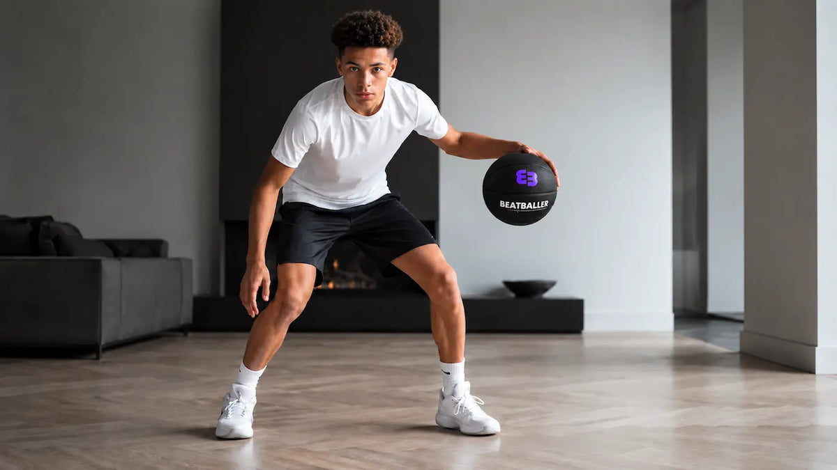 Jeune basketteur dribblant à la maison avec le Silent Beatball®, ballon de basketball silencieux Beatballer®.