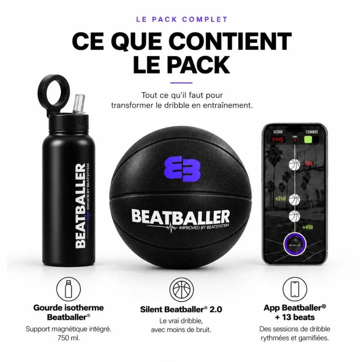 Training Pack Beatballer® avec Silent Beatball® 2.0, gourde isotherme avec support magnétique intégré et app de dribble Beatballer® avec 13 beats.