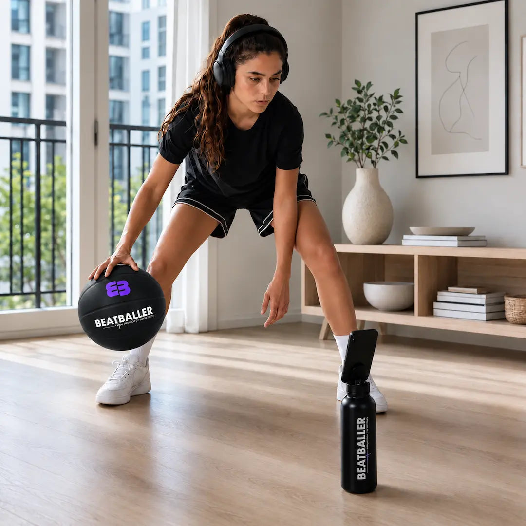 Jeune basketteuse s’entraînant au dribble à la maison avec le Silent Beatball® et la gourde Beatballer® avec support magnétique pour smartphone.