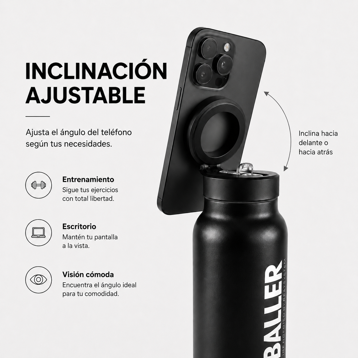 Botella isotérmica Beatballer® con soporte ajustable para colocar el teléfono en el ángulo ideal