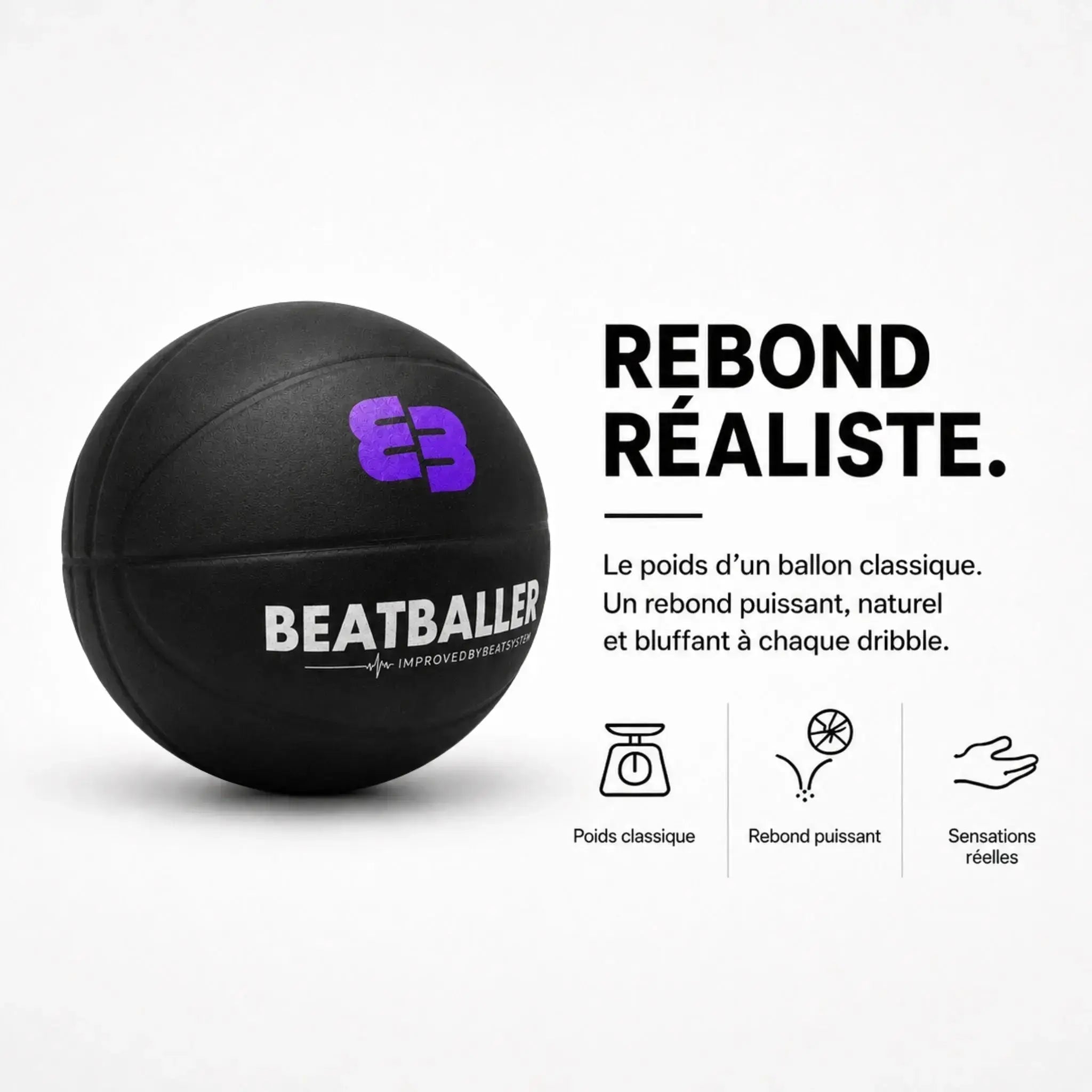 Visuel produit Silent Beatball® noir Beatballer® mettant en avant un rebond réaliste, un poids classique et des sensations de jeu naturelles.