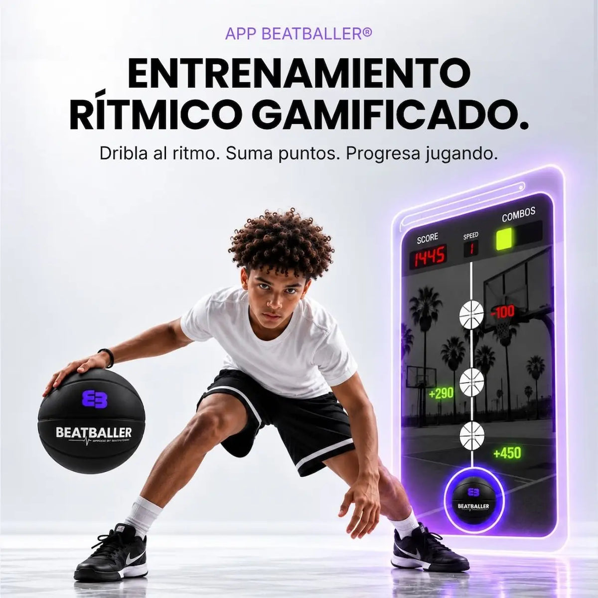 Joven jugador de baloncesto driblando con el Silent Beatball® junto a la app Beatballer®, diseñada para entrenar al ritmo, sumar puntos y progresar jugando.