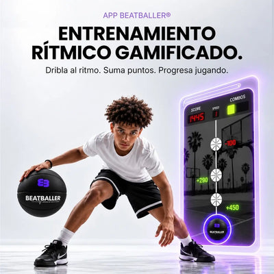 Joven jugador de baloncesto driblando con el Silent Beatball® junto a la app Beatballer®, diseñada para entrenar al ritmo, sumar puntos y progresar jugando.