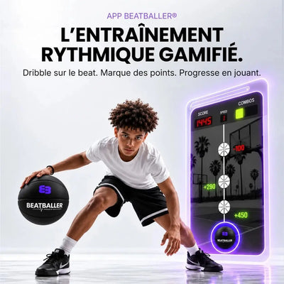 Jeune basketteur dribblant avec le Silent Beatball® aux côtés de l’application Beatballer®, conçue pour s’entraîner en rythme, marquer des points et progresser en jouant.