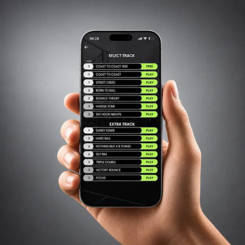 Smartphone affichant l’application Beatballer® avec la sélection des exercices de dribble disponibles.