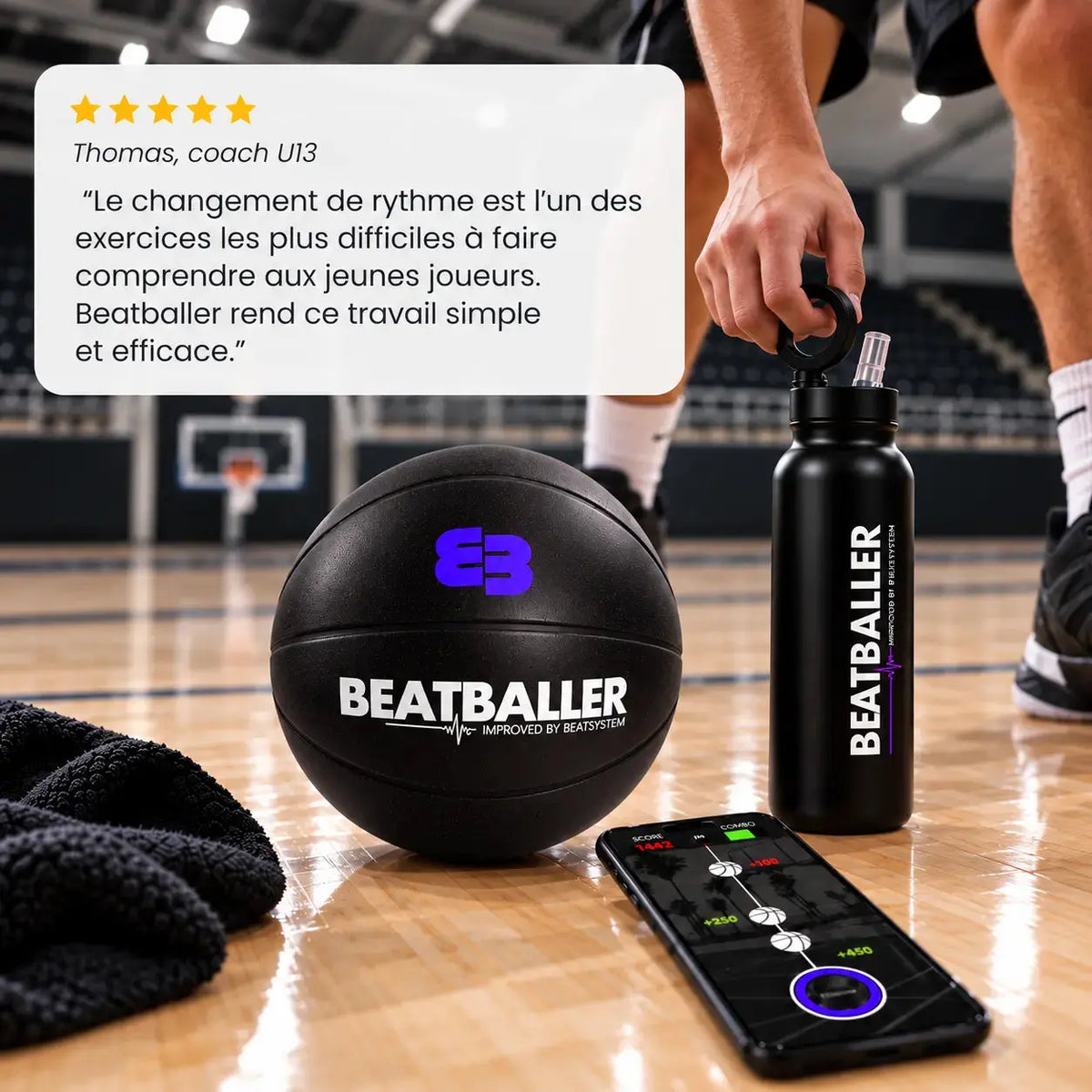 Silent Beatball®, gourde Beatballer® et application de dribble sur un terrain de basketball, accompagnés de l’avis d’un coach U13 sur le travail du changement de rythme.