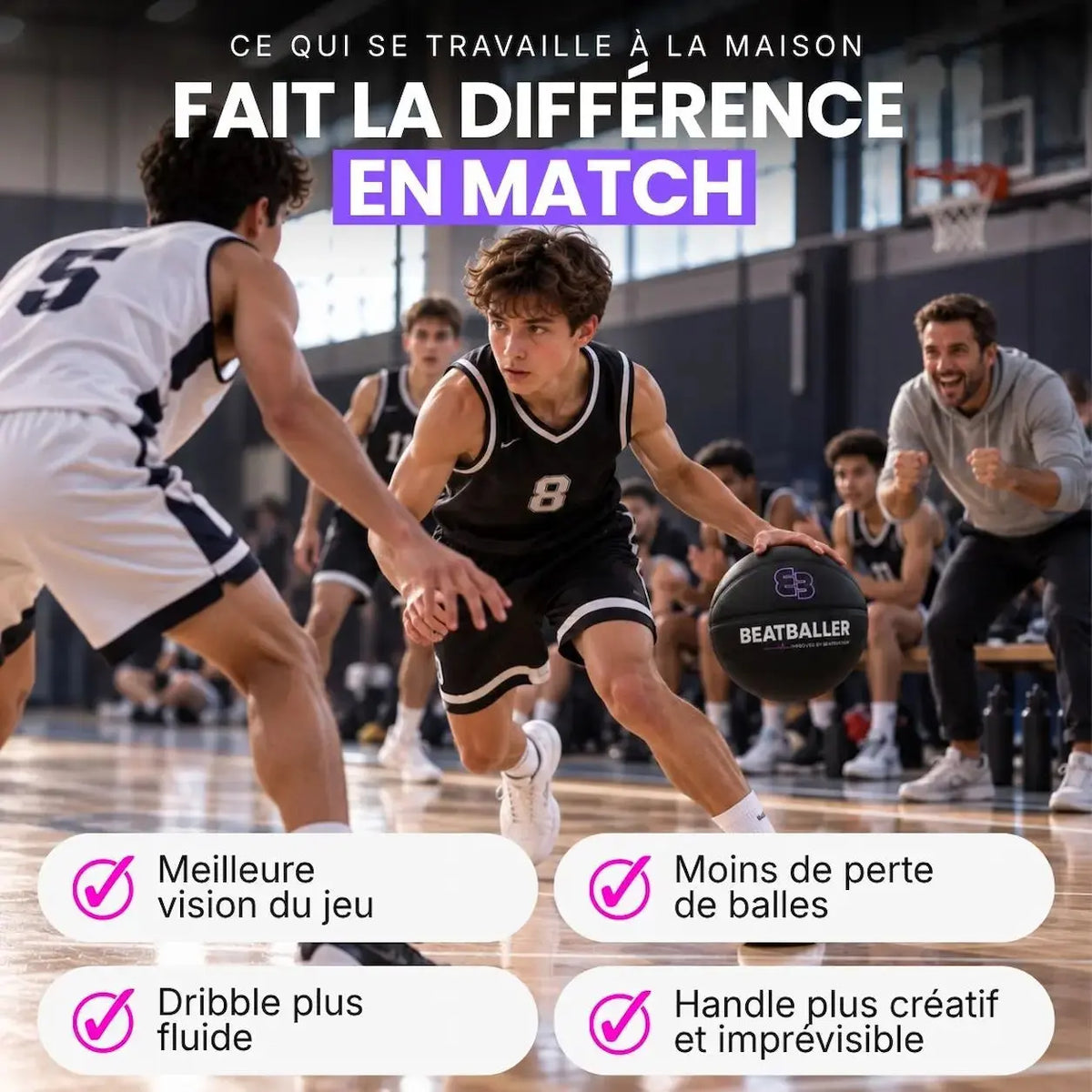 Jeune basketteur en situation de match mettant en pratique les compétences travaillées avec Beatballer® : vision du jeu, contrôle du ballon et dribble.