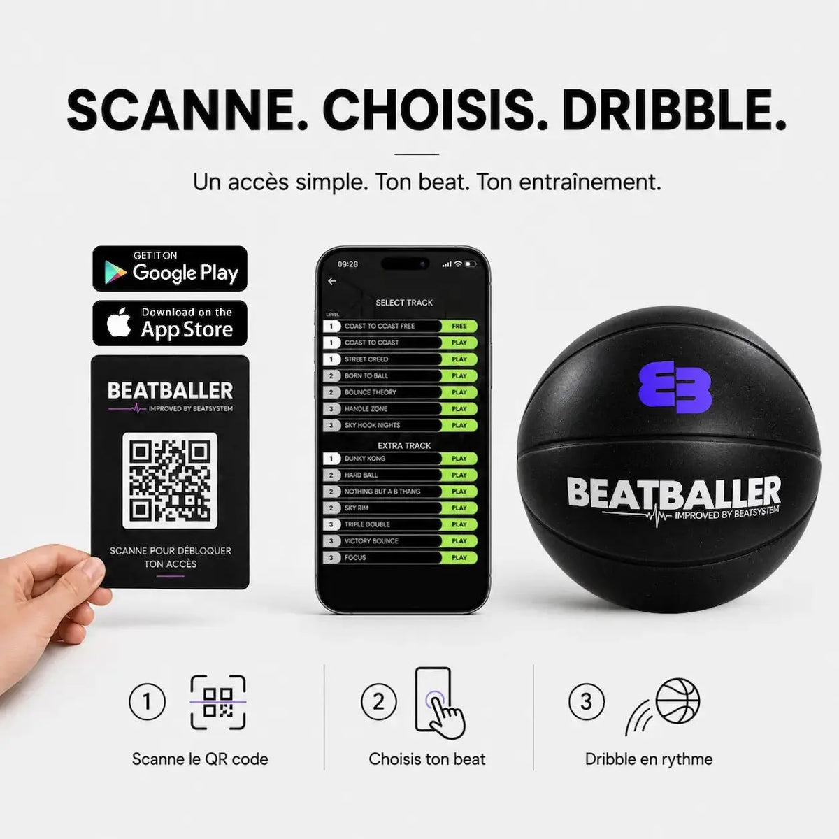 Fonctionnement de l’app Beatballer® en 3 étapes : scanner le QR code, choisir un beat dans l’application puis dribbler en rythme avec le Silent Beatball® 2.0.