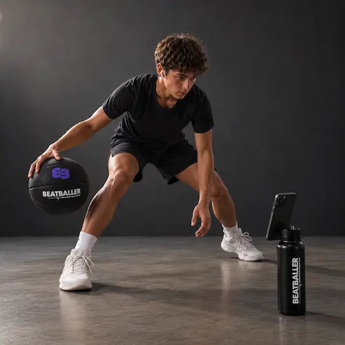 Jeune basketteur s’entraînant au dribble avec le Silent Beatball® noir, accompagné de l’application Beatballer® sur smartphone fixé à la gourde avec support magnétique intégré.