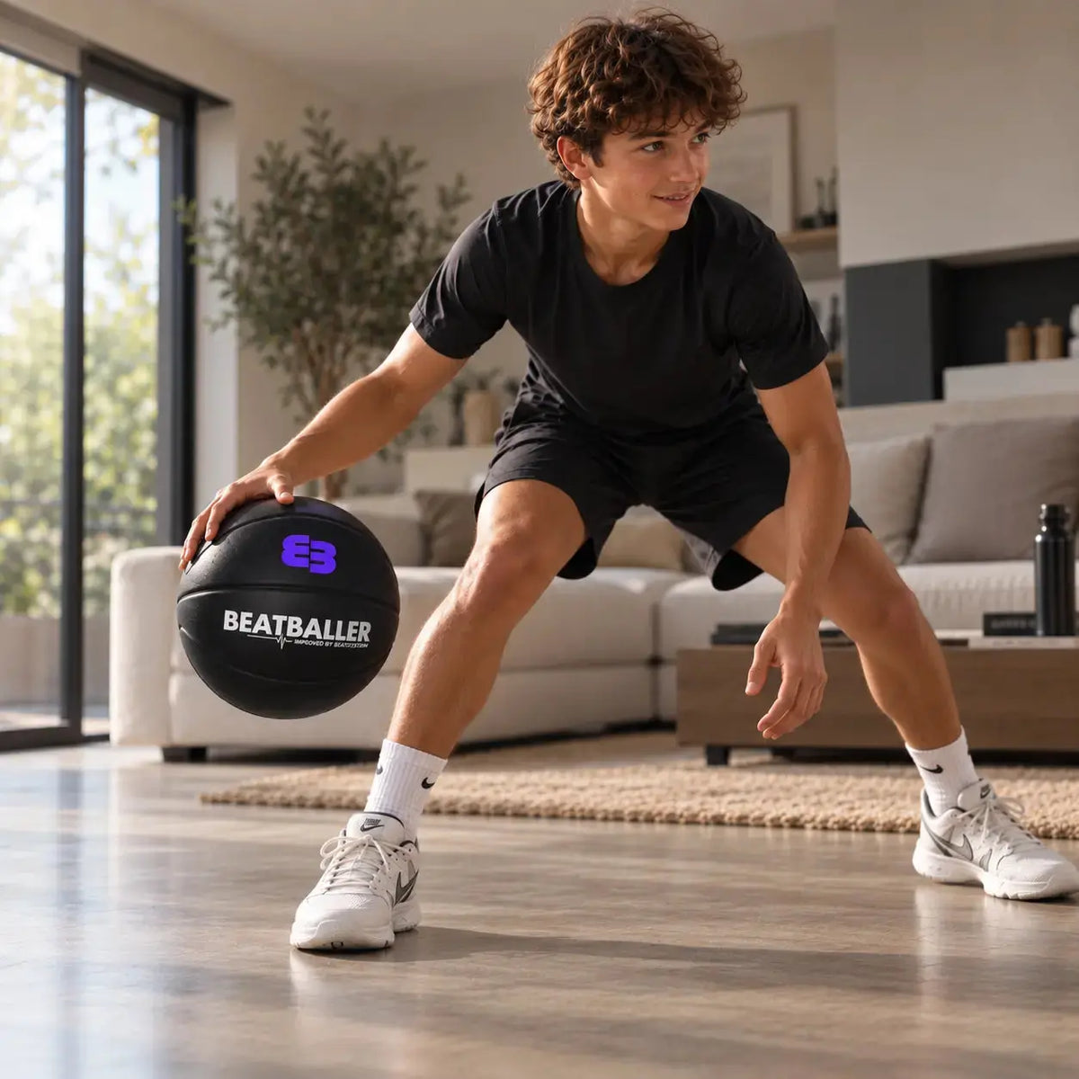 Jeune basketteur dribblant avec le Silent Beatball® 2.0 dans un salon, lors d’un entraînement à la maison.