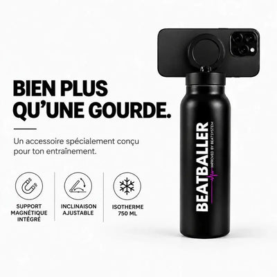 Gourde isotherme Beatballer® noire 750 ml avec support magnétique intégré et inclinaison ajustable pour smartphone.
