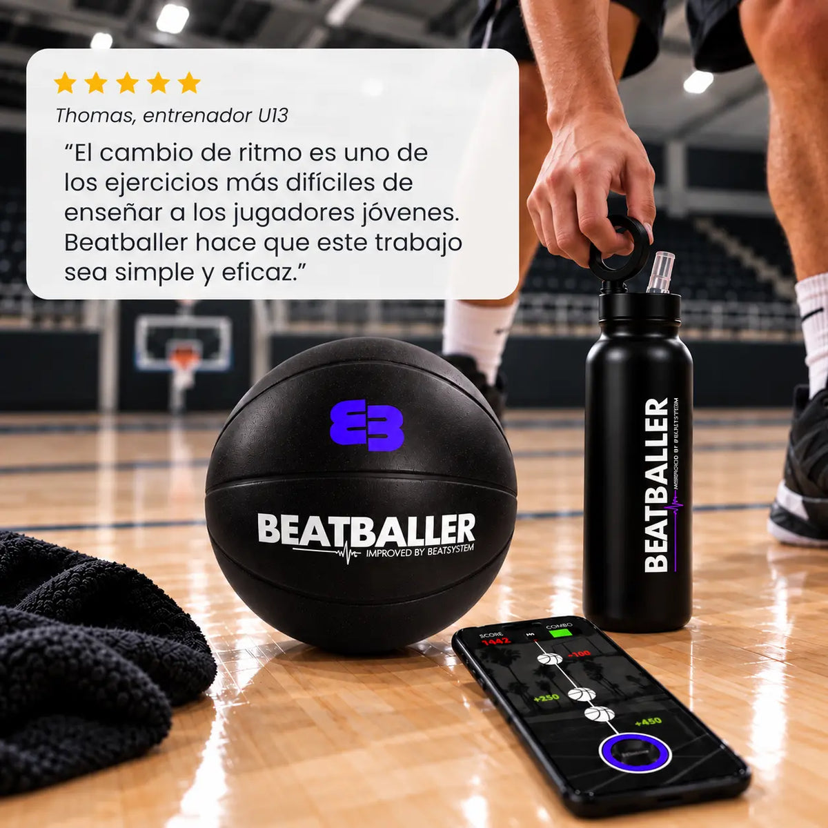 Silent Beatball®, botella Beatballer® y aplicación de dribbling en una cancha de baloncesto, junto a la opinión de un entrenador U13 sobre el entrenamiento de los cambios de ritmo.