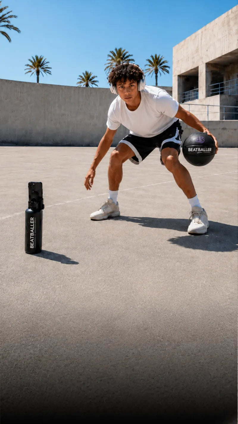 Joueur de basket dribblant avec le ballon Beatballer et l'app d'entraînement rythmique