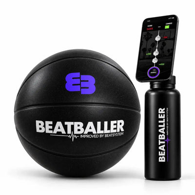Training Pack Beatballer® avec Silent Beatball® noir, gourde isotherme avec support magnétique intégré et smartphone affichant l’app de dribble Beatballer®.