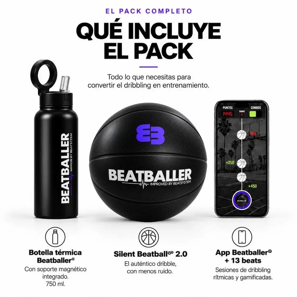 Training Pack Silent Beatballer® con Silent Beatball® 2.0, app Beatballer® con 13 beats de entrenamiento y botella térmica de 750 ml con soporte magnético integrado.