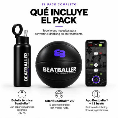 Training Pack Silent Beatballer® con Silent Beatball® 2.0, app Beatballer® con 13 beats de entrenamiento y botella térmica de 750 ml con soporte magnético integrado.