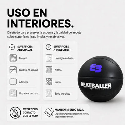 Guía de uso del Silent Beatball® 2.0 con las superficies adecuadas para driblar en interiores, las superficies que deben evitarse y los consejos de mantenimiento.