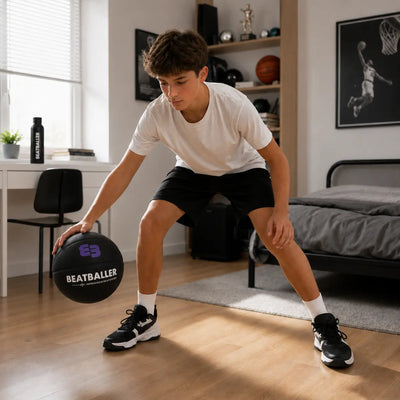 Jeune basketteur adolescent travaillant son dribble avec le ballon Beatballer® dans une chambre moderne, entre entraînement de basketball à domicile et ambiance sportive.