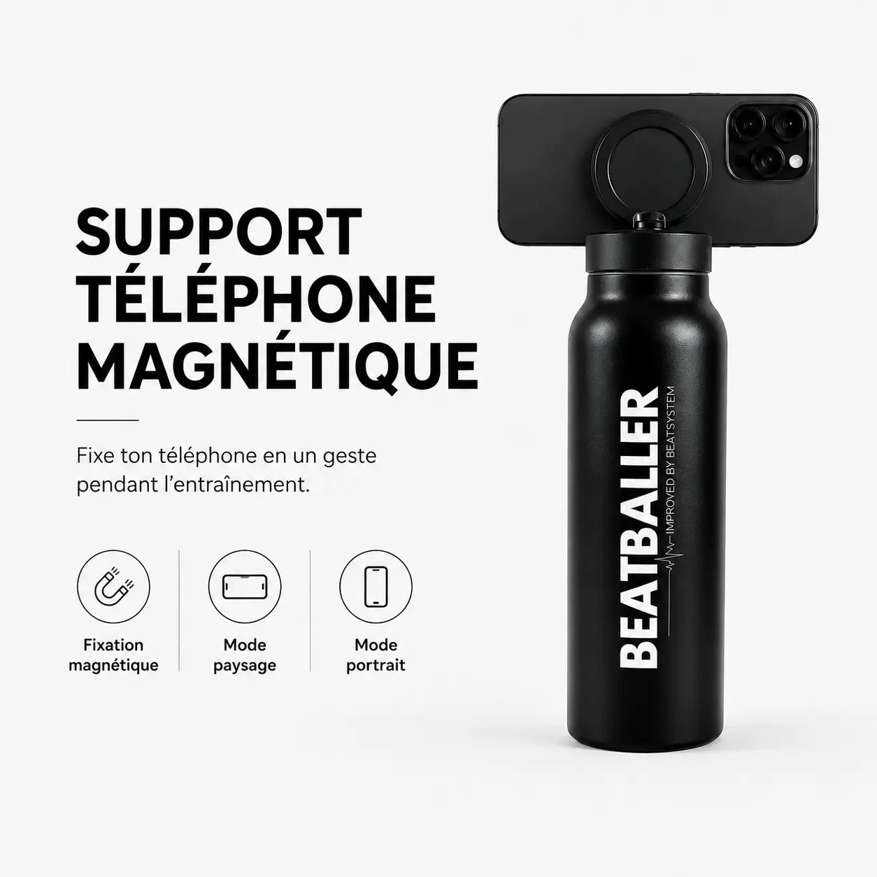 Gourde isotherme Beatballer® avec support téléphone magnétique pour garder l’écran visible pendant l’entraînement