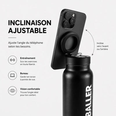 Gourde isotherme Beatballer® noire avec support téléphone magnétique ajustable pour entraînement et bureau