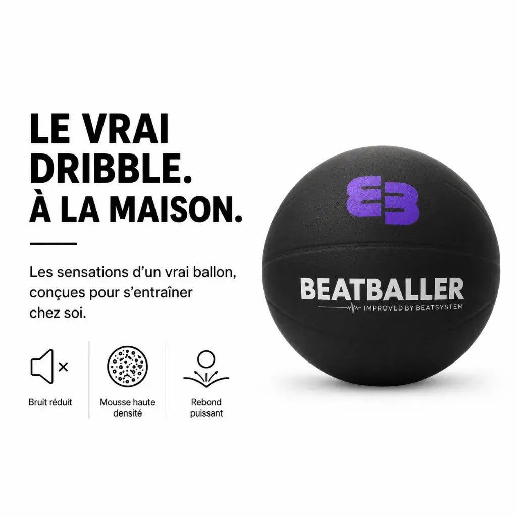 Visuel produit Silent Beatball® noir Beatballer® en mousse haute densité, présenté avec les bénéfices bruit réduit, mousse dense et durabilité renforcée.