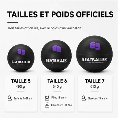 Visuel comparatif des Silent Beatball® Beatballer® en tailles officielles 5, 6 et 7, avec poids réalistes de 490 g, 540 g et 610 g.